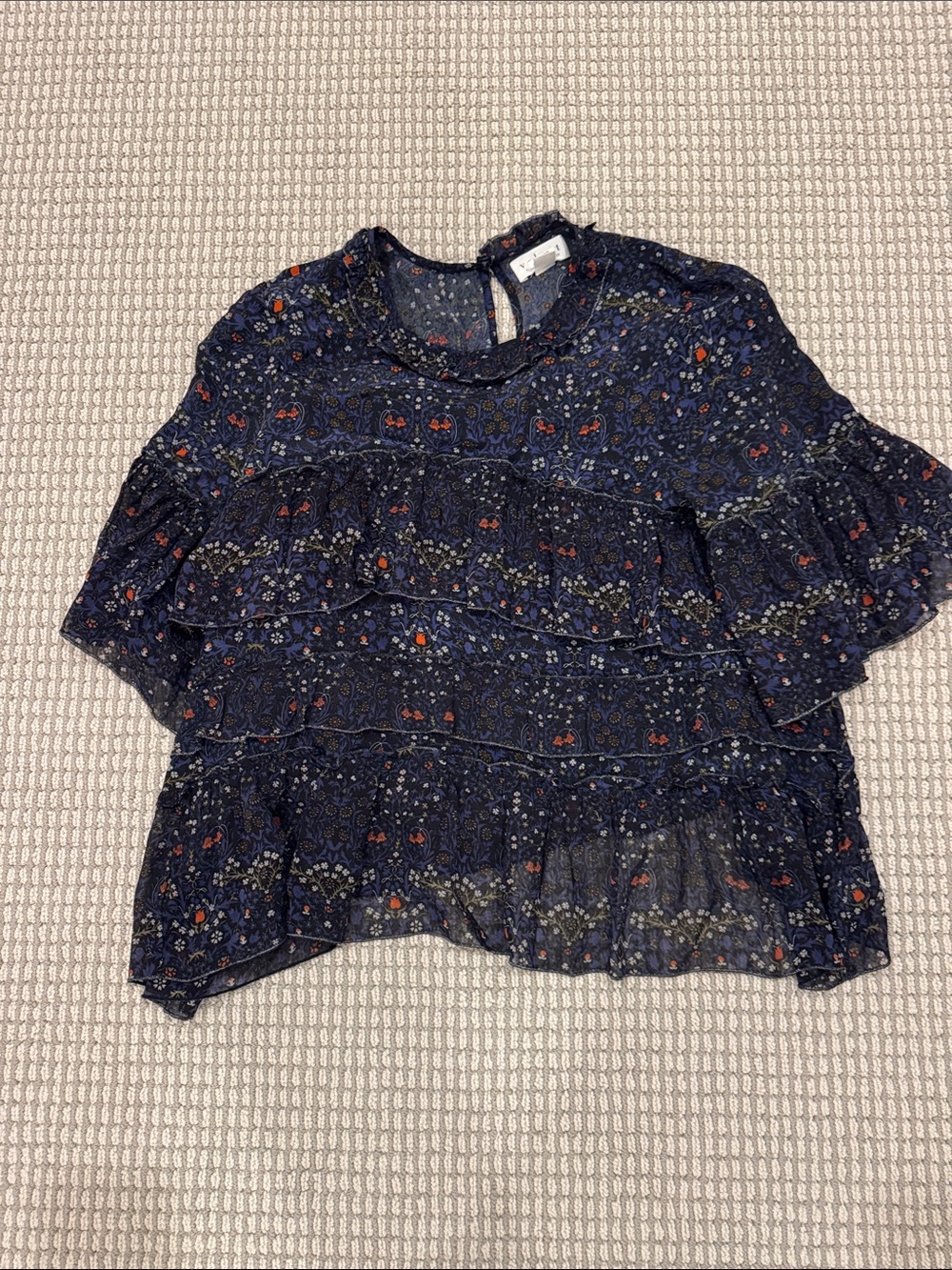 Velvet Navy Floral Ruffle Blouse